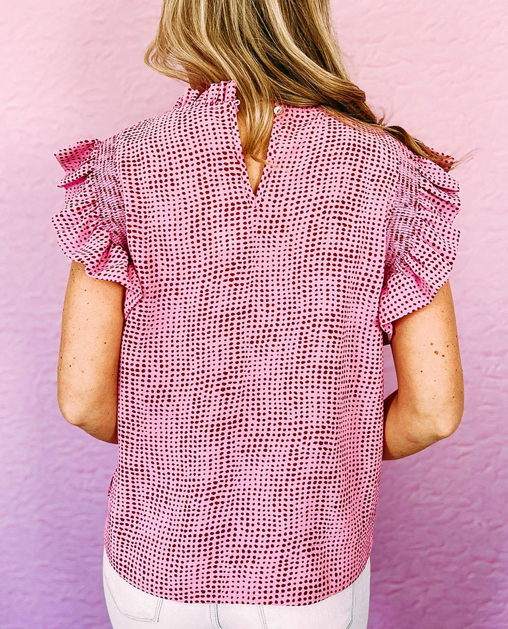 Pink Polka Dot Frill Neck Flutter Sleeve Blouse