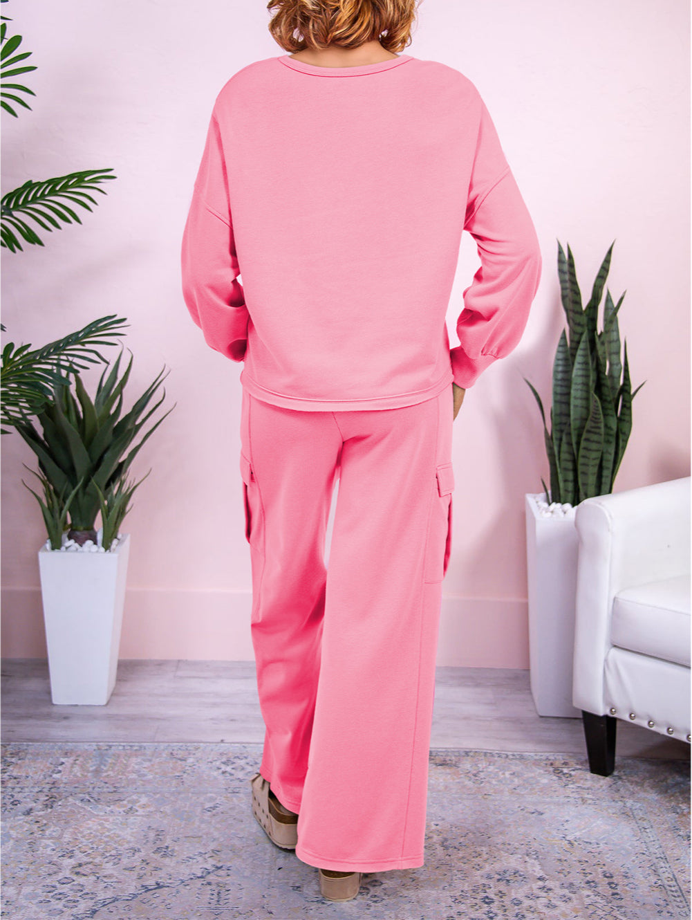Solid Color Patchwork Pullover Top and Cargo Pants Set