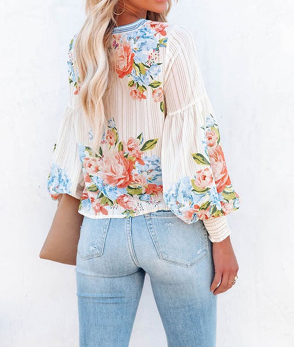 Floral Striped Print Smocked Lantern Sleeve Top