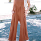 Textured Buttoned Straps Ruched Wide Leg Jumpsuit