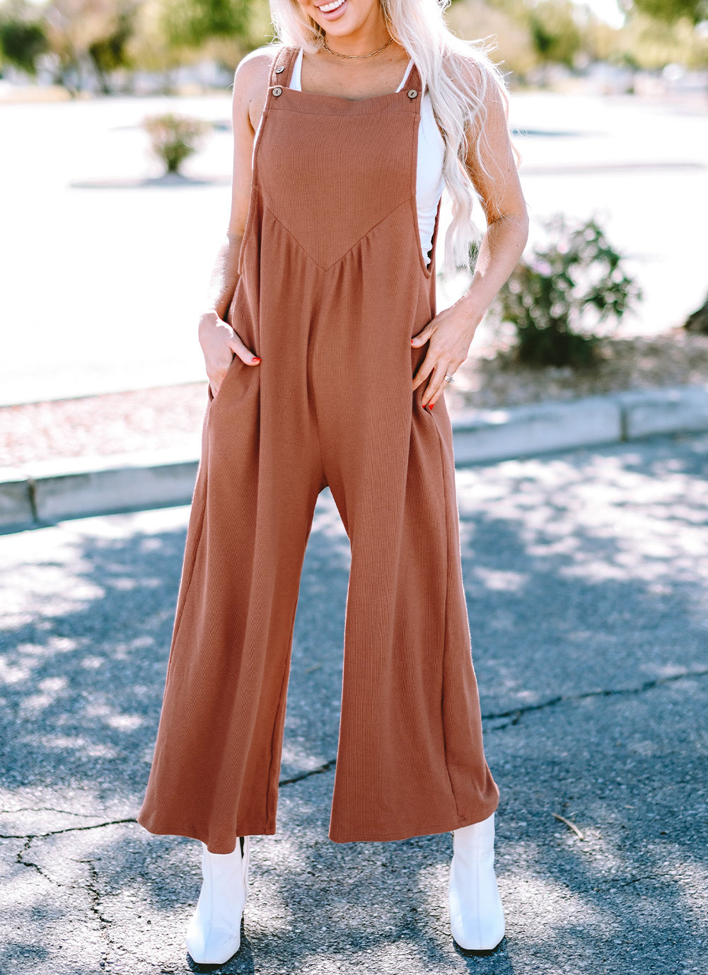 Textured Buttoned Straps Ruched Wide Leg Jumpsuit