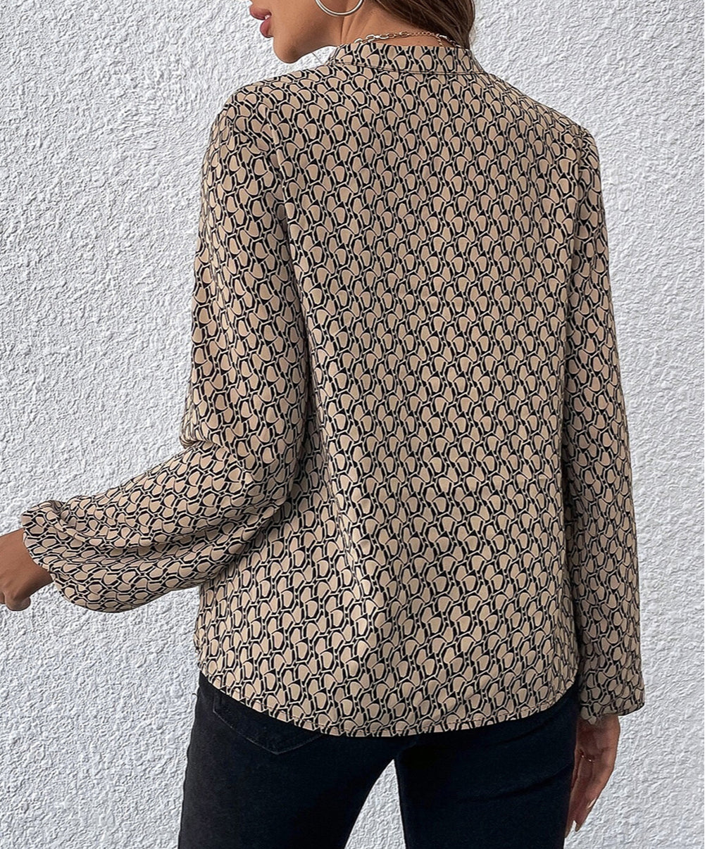 Geometric Print Notched Neck Puff Sleeve Blouse