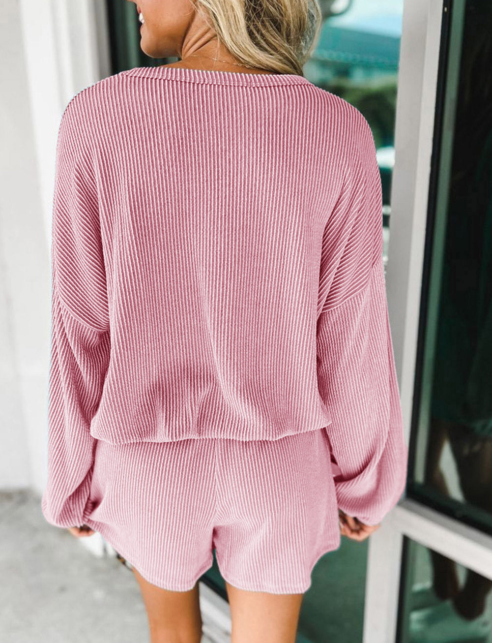 Corded V Neck Slouchy Top Pocketed Shorts Set