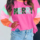 Chenille MERRY Christmas Patched Colorblock Long Sleeve Top