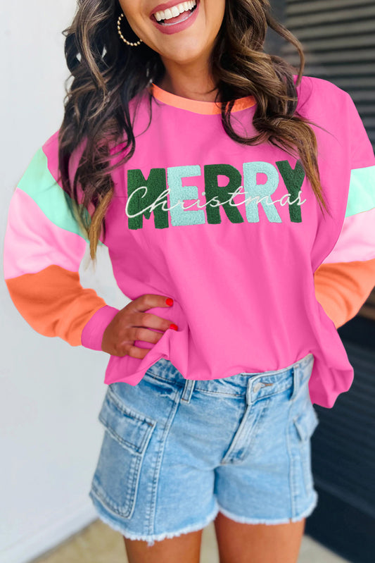 Chenille MERRY Christmas Patched Colorblock Long Sleeve Top