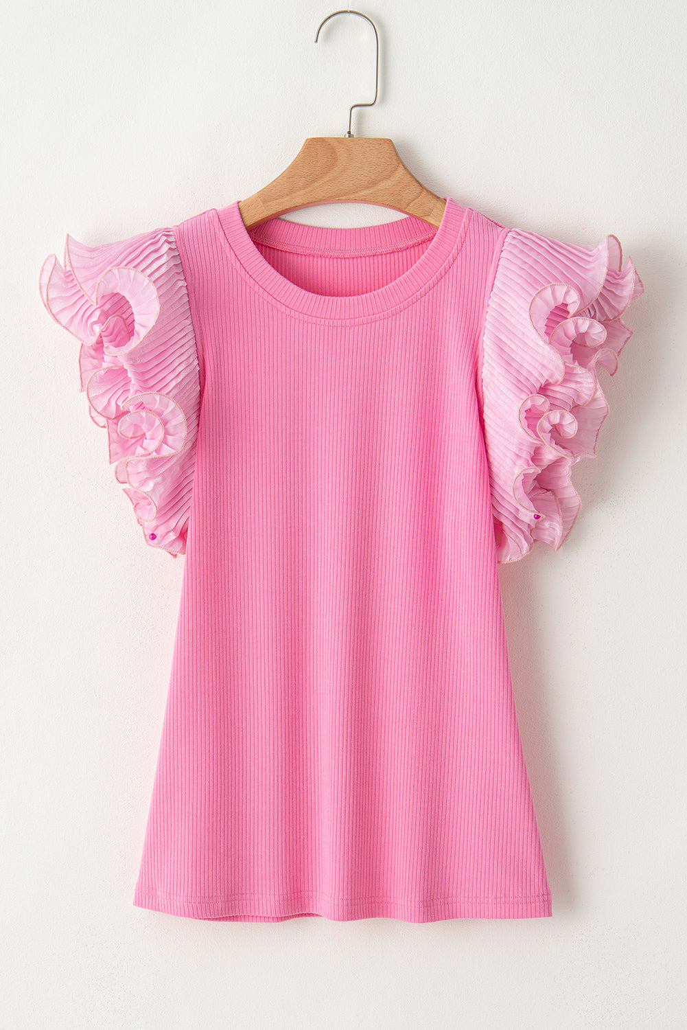 Ruffled Pleated Mesh Sleeve Ribbed Knit Slim Fit T Shirt