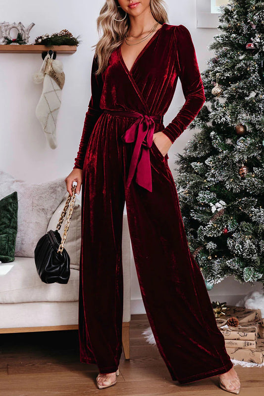 Velvet Pocketed Cut out Back Wide Leg Jumpsuit