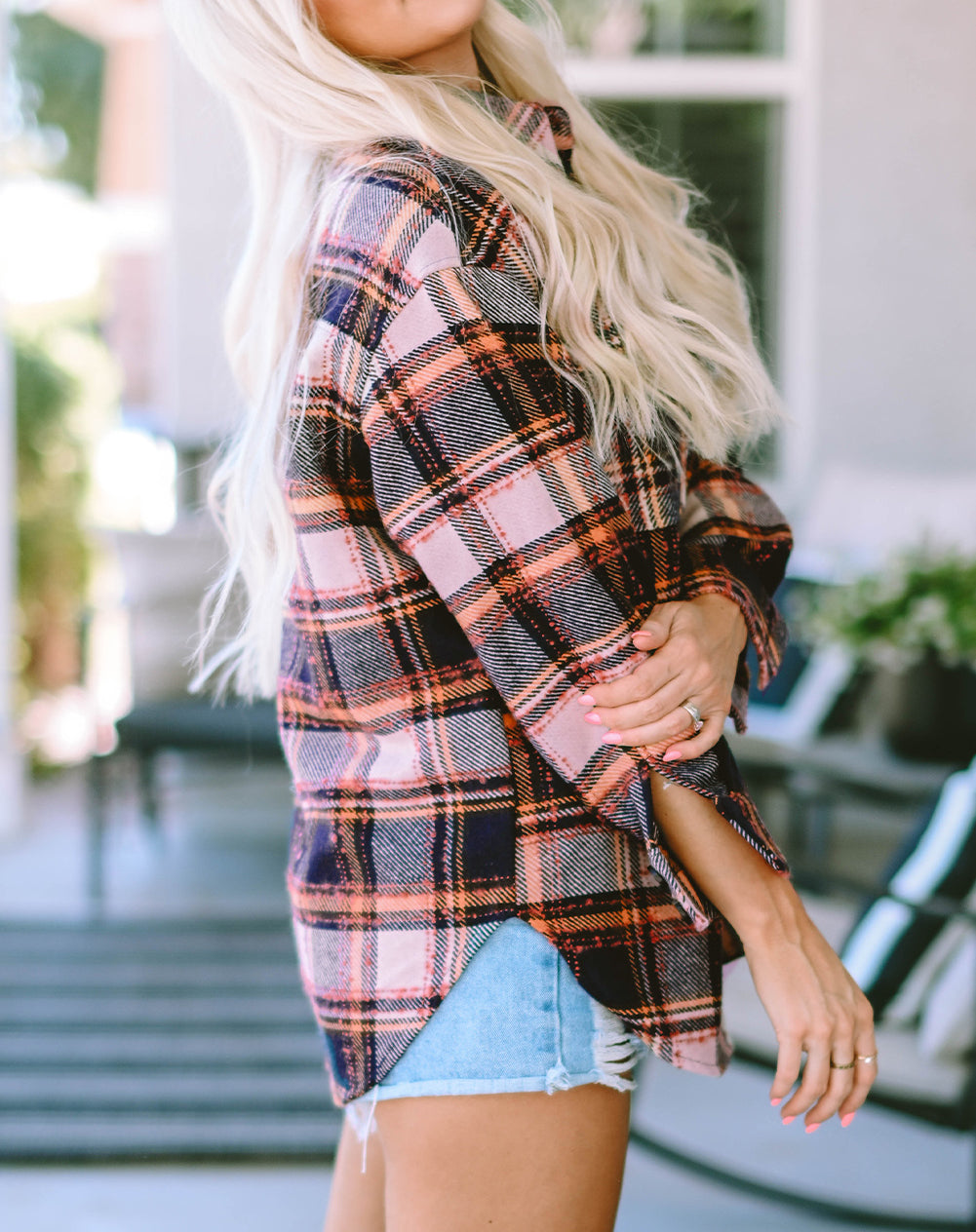 Oversized Flap Pockets Plaid Shacket with Slits