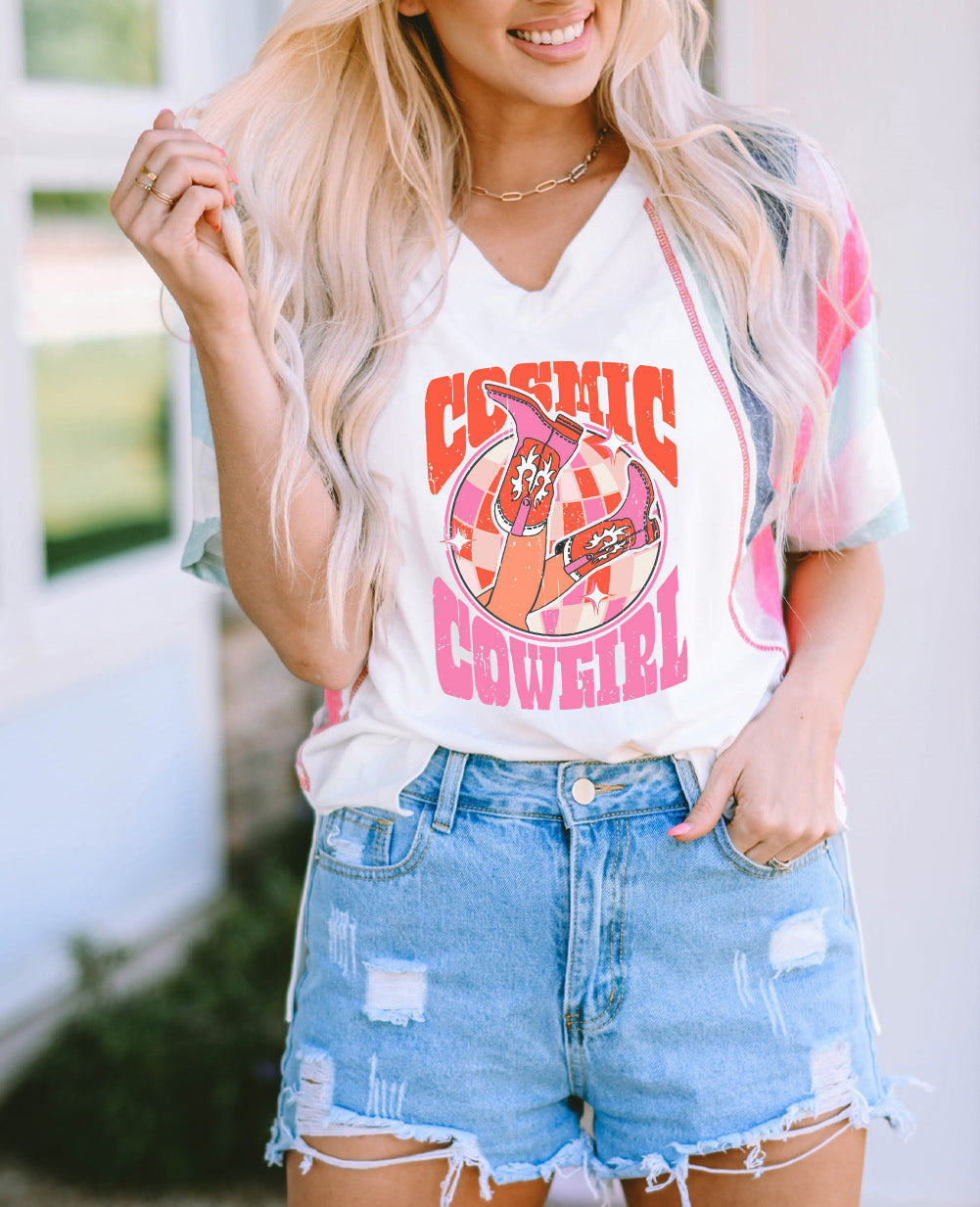 COWGIRL Boots Striped Patchwork V Neck Top