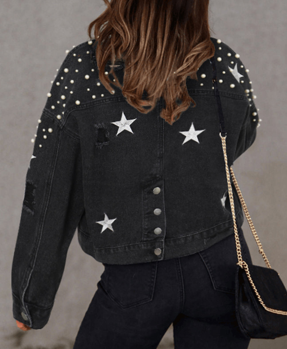 Distressed Pearls Star Cropped Denim Jacket