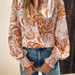 Floral Swirl Printed Bishop Sleeve Surplice Blouse
