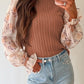 Fleece Floral Patchwork Ruffled Cuff Cable Knit Sweater
