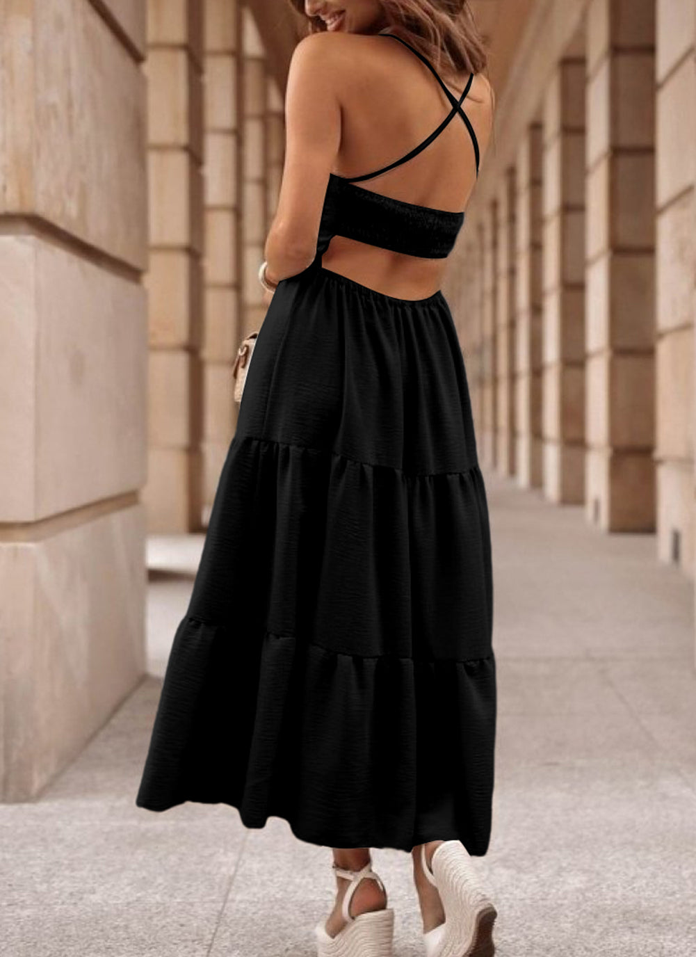 Crossover Backless Bodice Tiered Maxi Dress