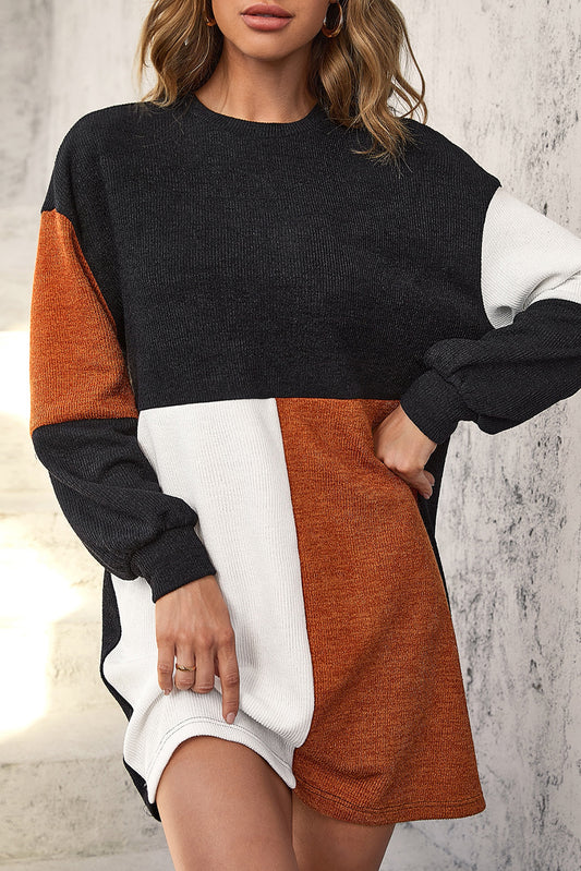 Color Block Drop Shoulder Rib Knit Mini Dress