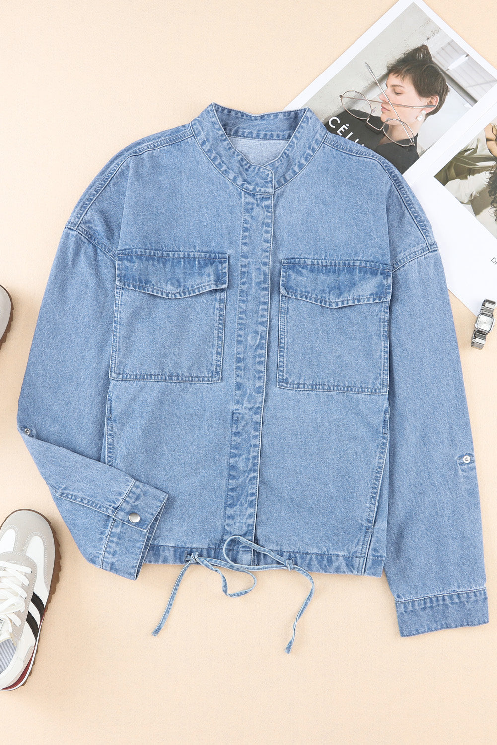 Blue Roll-Up Tab Sleeve Button Down Pocket Denim Jacket