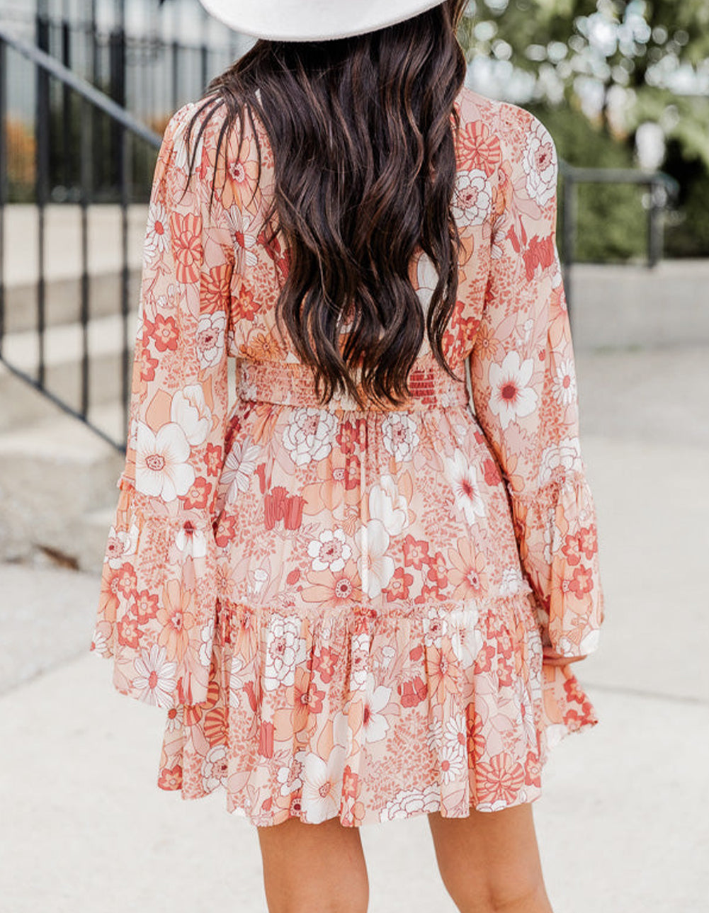 Floral Smocked High Waist Bell Sleeve Mini Dress