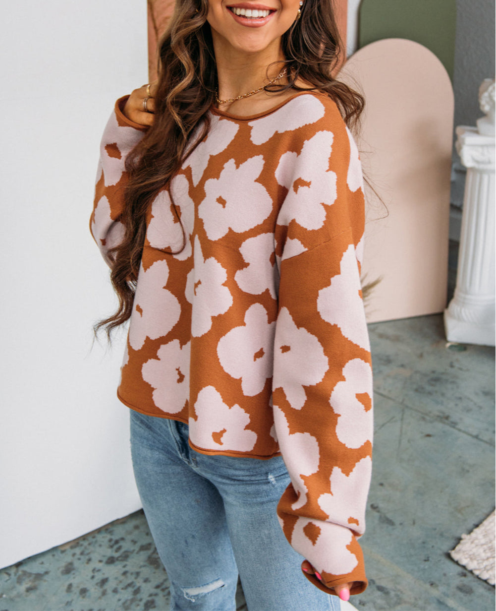 Floral Pattern Crew Neck Long Sleeve Loose Sweater