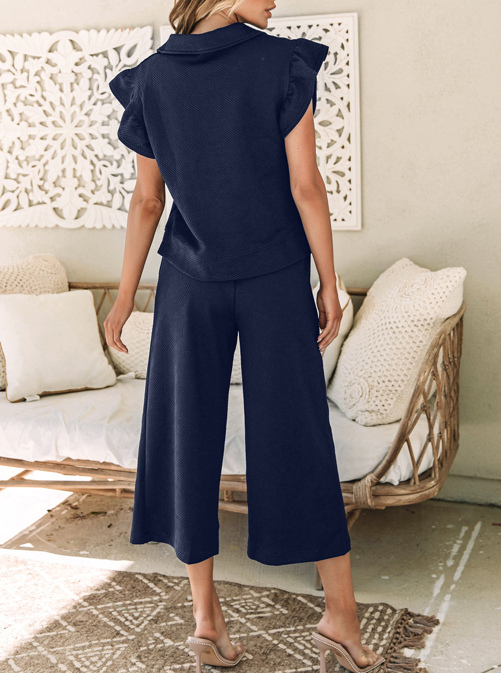 Textured Flutter Sleeve Top Wide Leg Pants Set