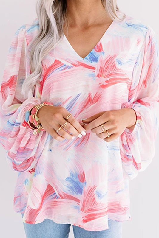 Abstract Print Balloon Sleeve V-Neck Blouse