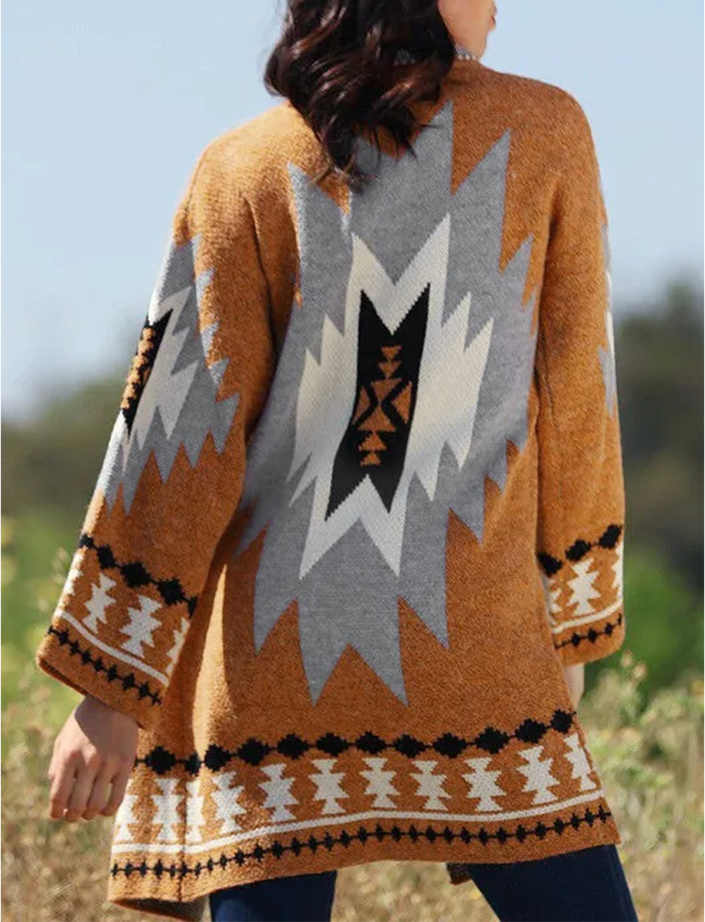 Gold Flame Aztec Graphic Open-Front Cardigan