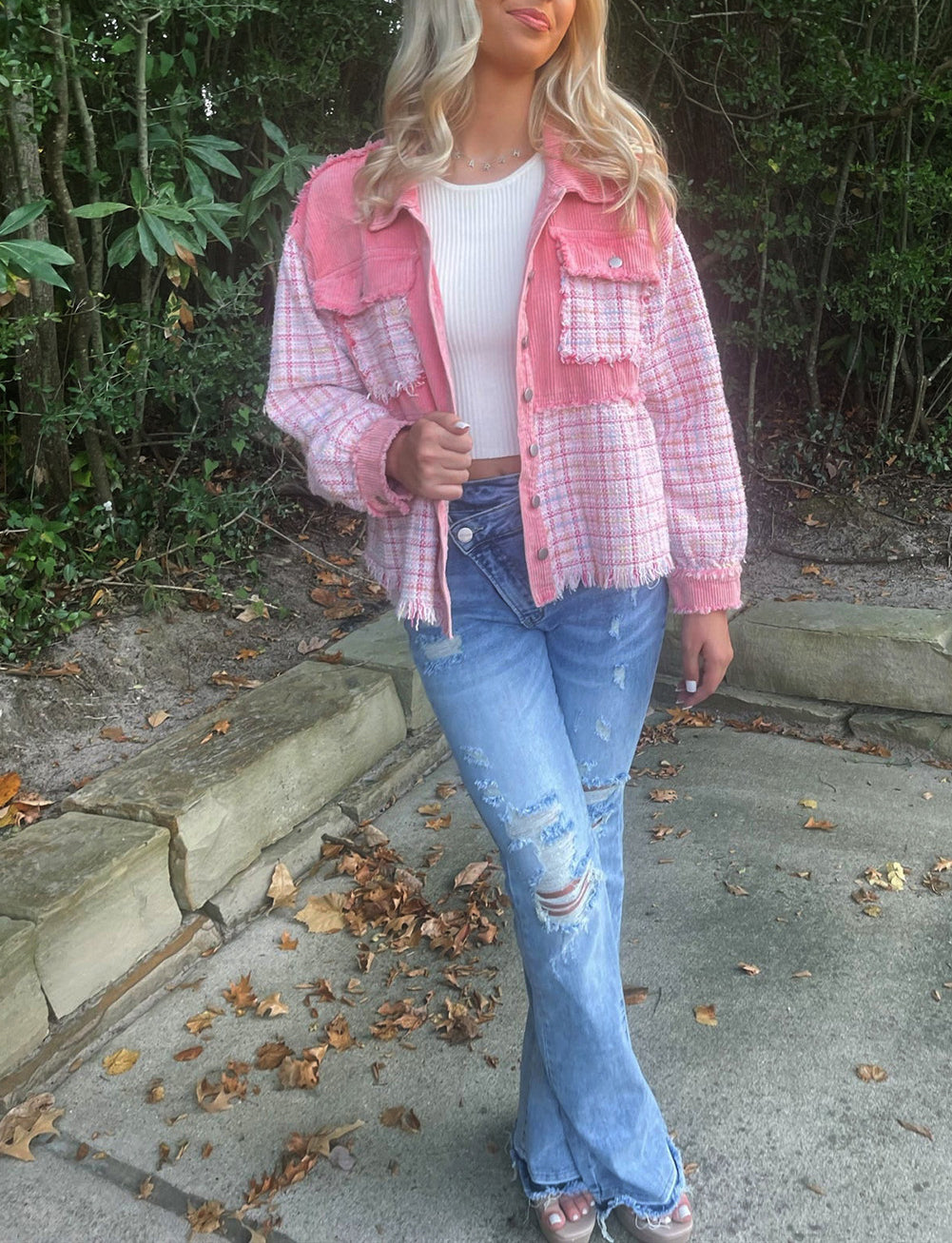 Frayed Tweed Plaid Patchwork Buttoned Jacket