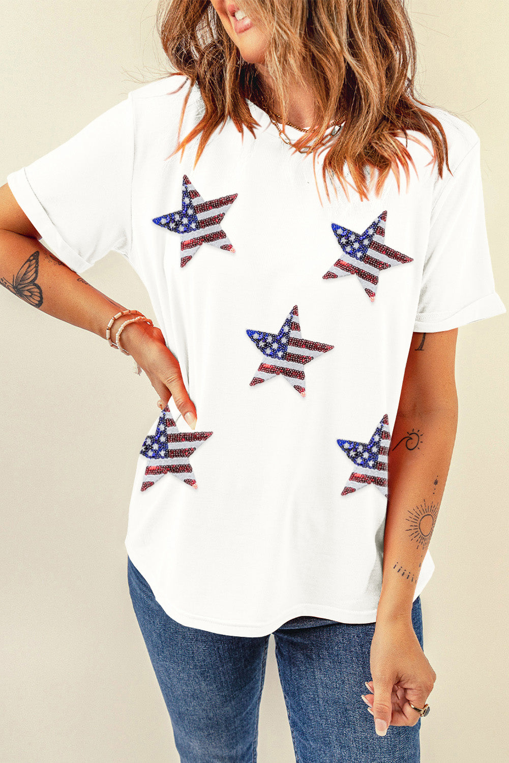 Sequined American Flag Star Graphic T Shirt