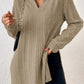 Ribbed Knit V Neck Collared Split Hem Tunic
