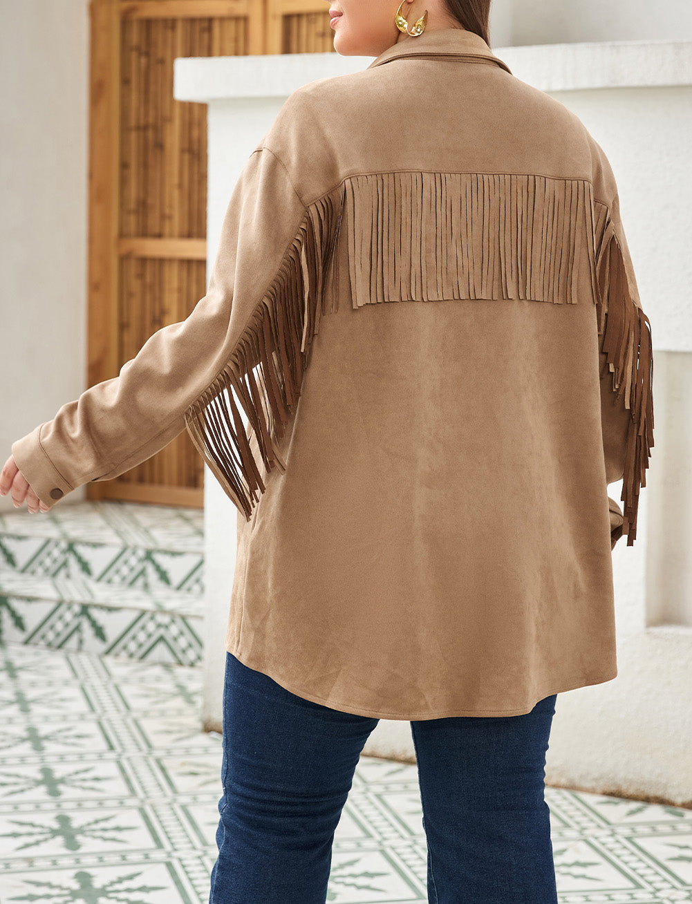 Fringe Trim Plus Size Suede Shacket