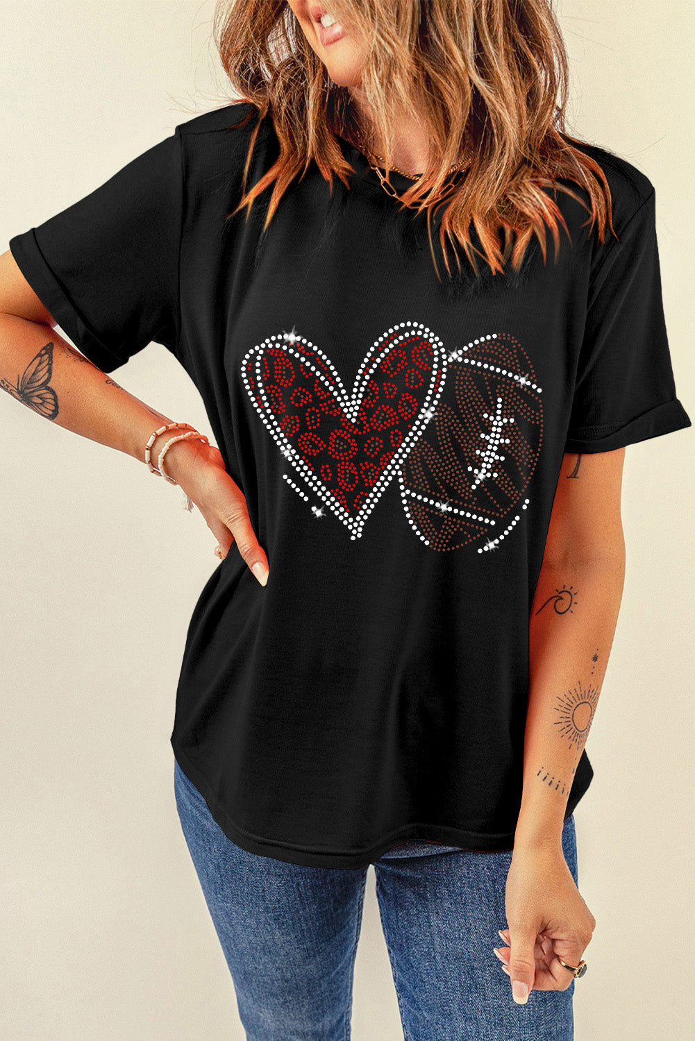 Rhinestone Rugby Heart Shape Graphic Crewneck T Shirt