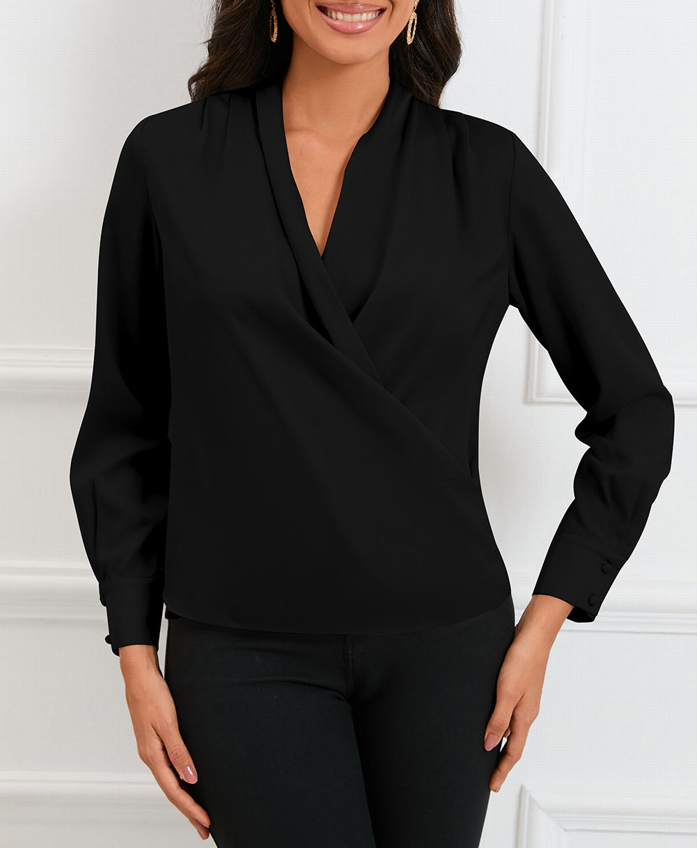 Solid Wrap V Neck Long Sleeve Top