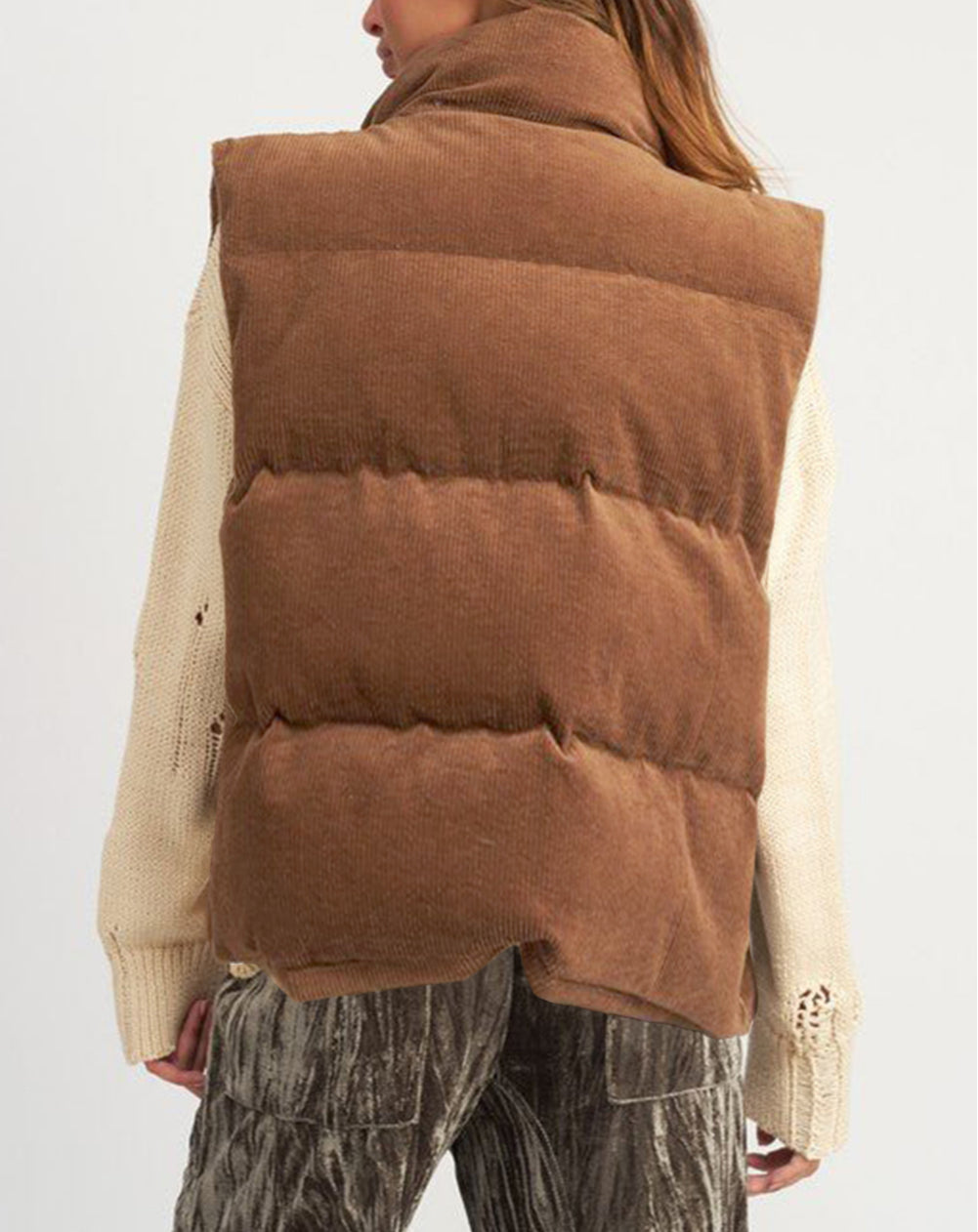 Corduroy Stand Neck Zipped Puffer Vest