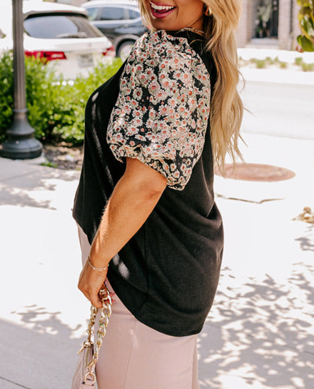 Daisy Printed Short Bubble Sleeve Plus Size Tunic Top
