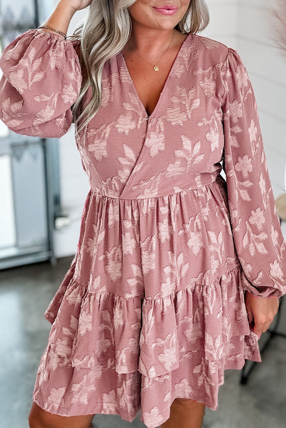 Floral Surplice V Neck Tiered Ruffled Plus Size Dress