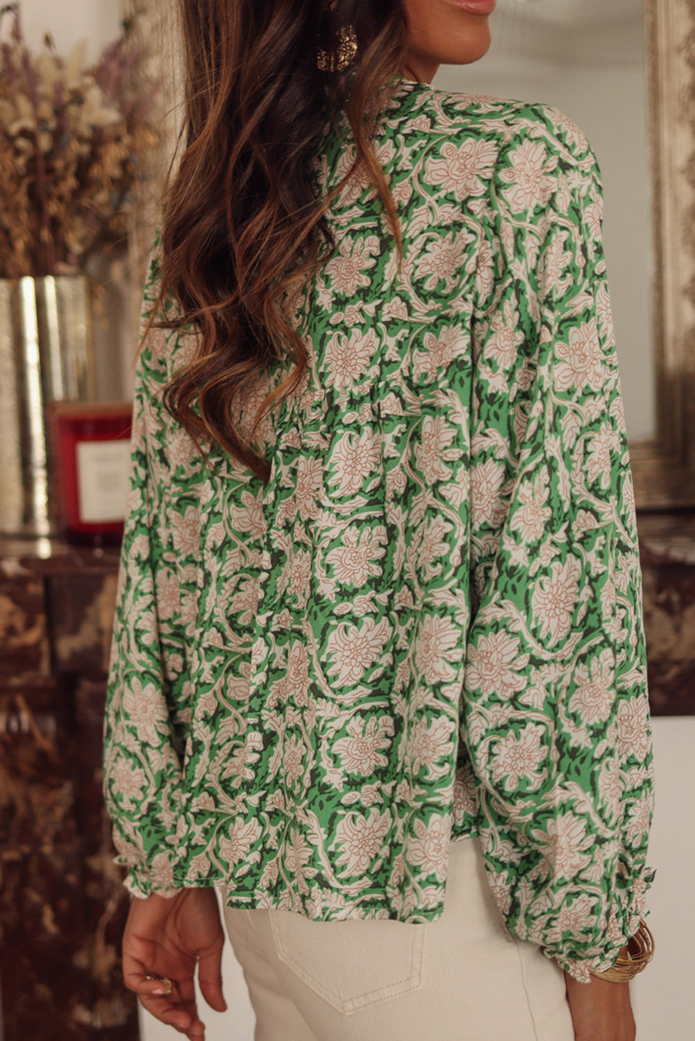Floral Print Split Neck Pleated Puff Sleeve Blouse