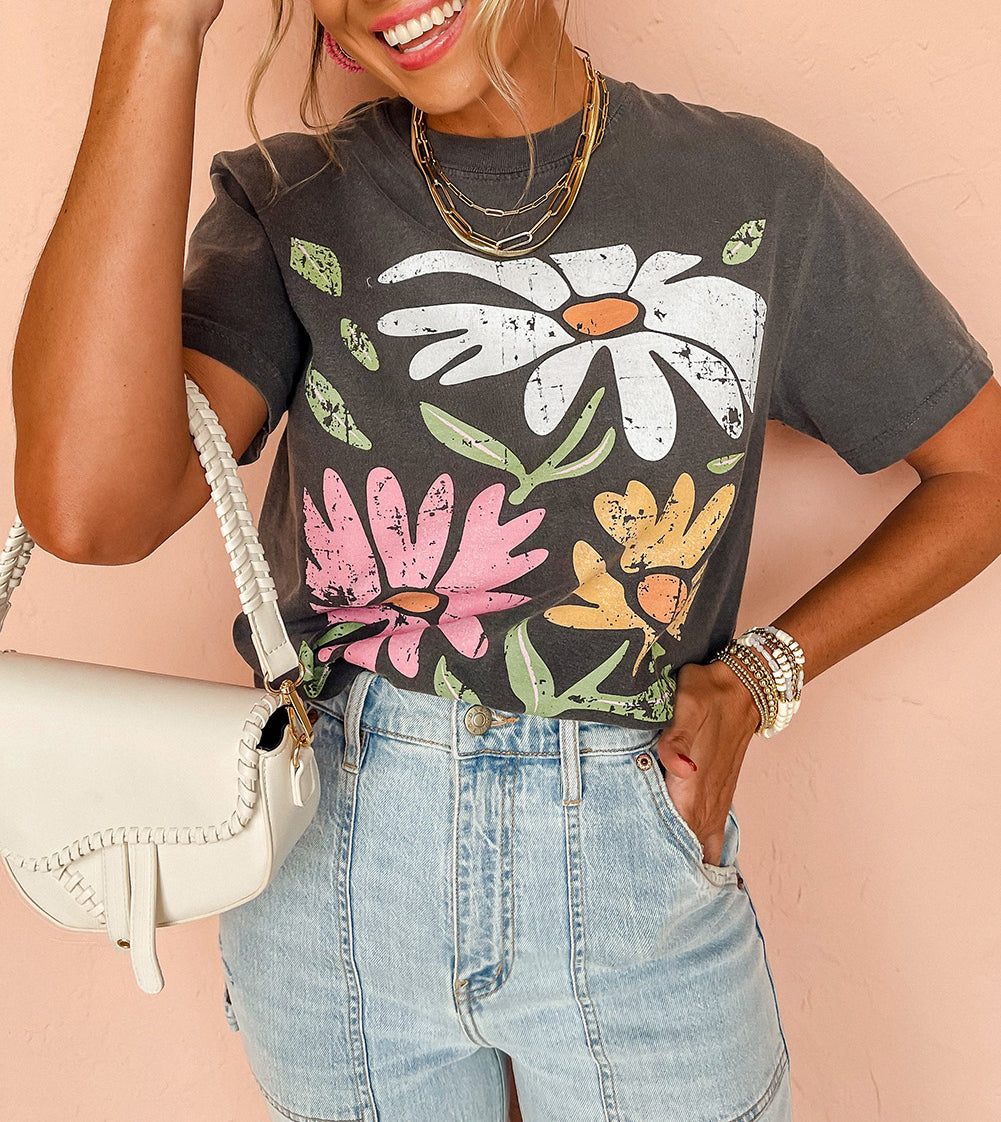 Daisy Print Mineral Wash Round Neck T Shirt