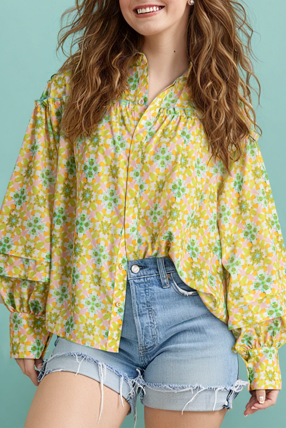 Floral Print Frilly Detail Puff Sleeve Shirt