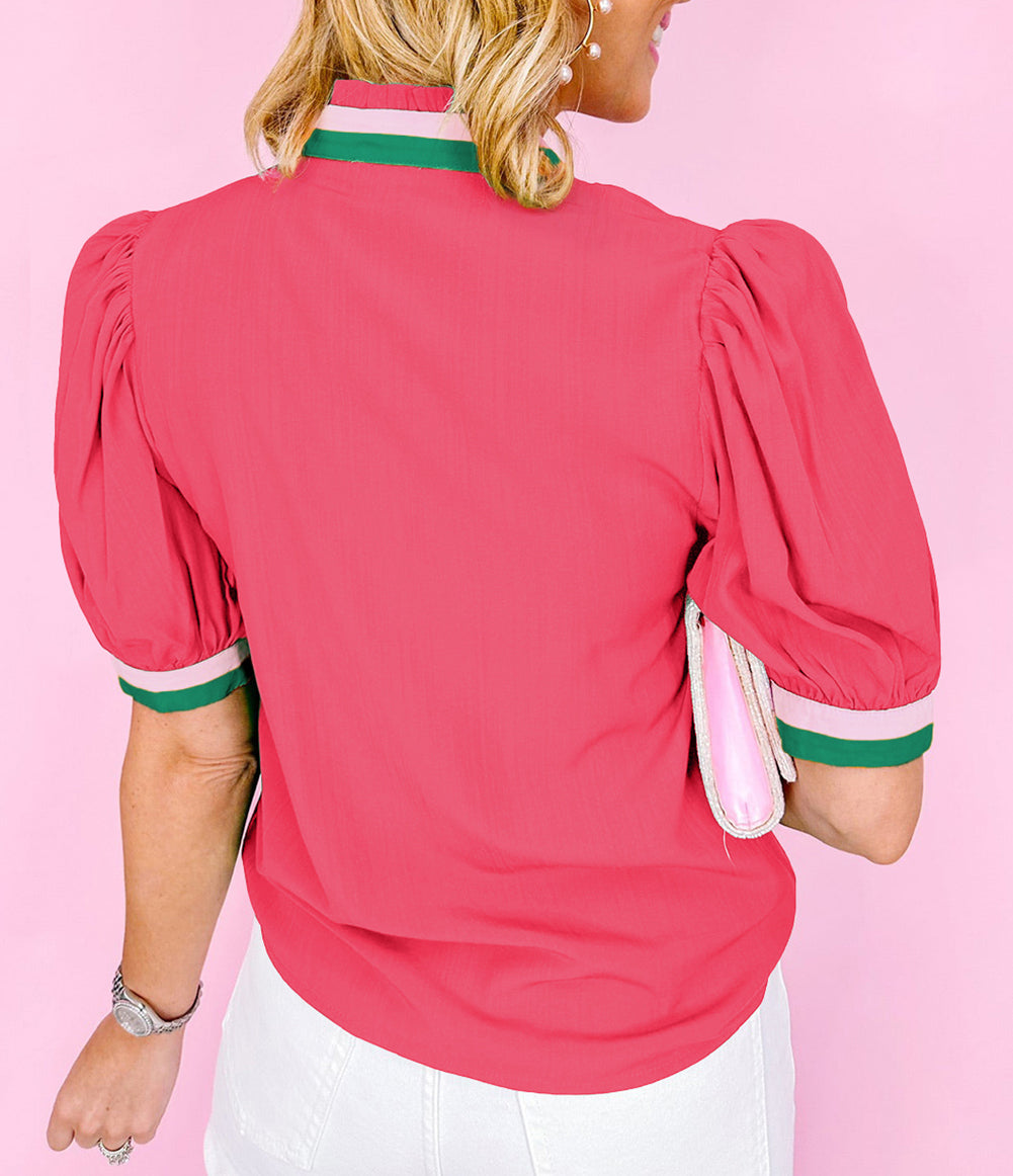 Colorful Trim V Neck Short Sleeve Blouse