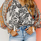 Abstract Print Flounce Sleeve Tasseled V Neck Blouse