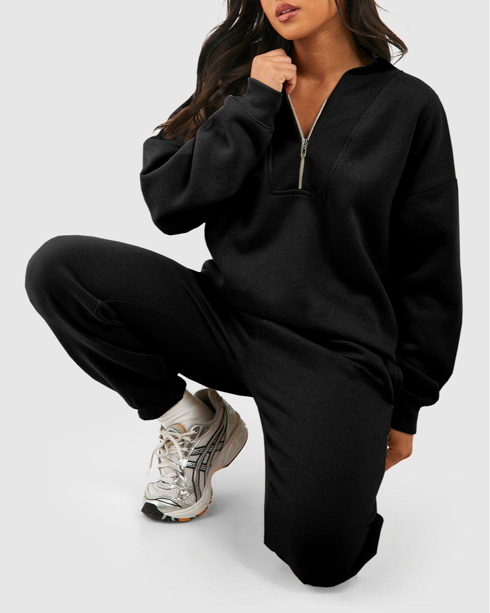 Plain Half Zip V Neck Ribbed Edge Loose Tracksuit