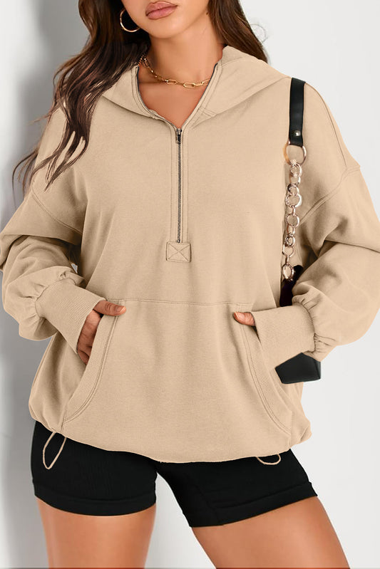 Solid Kangaroo Pocket Half Zipper Oversized Hoodie