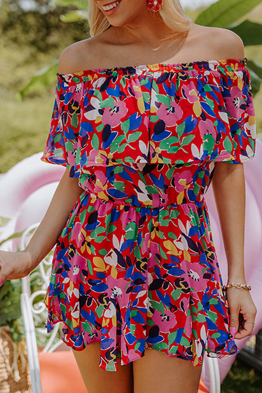 Floral Off Shoulder Short Sleeves Ruffle Romper