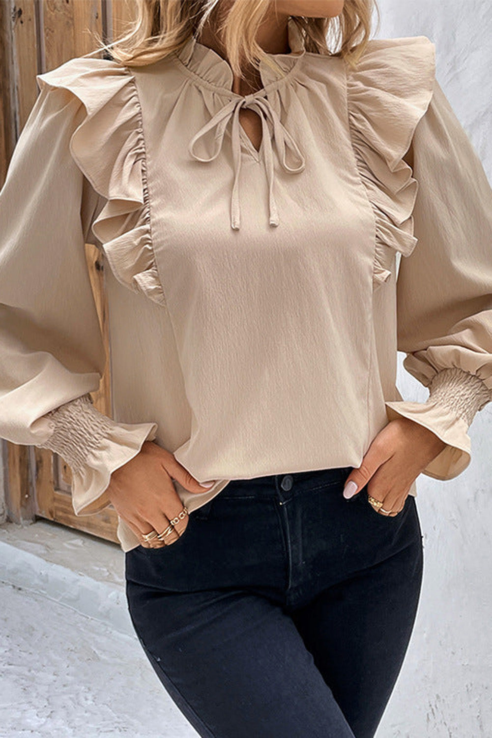 Ruffled Lace up Bubble Sleeve Blouse