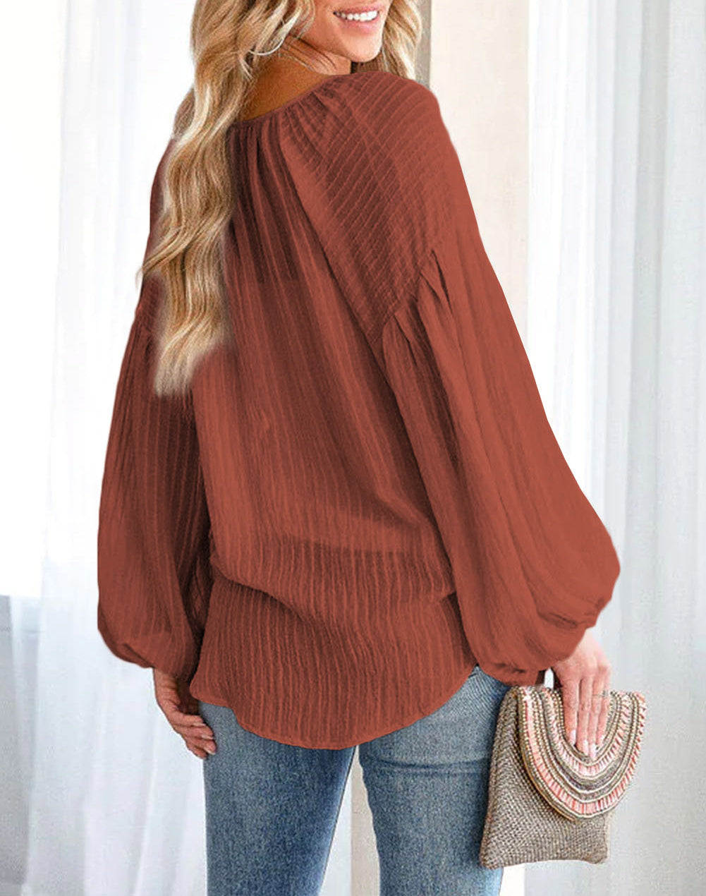 Lantern Sleeve Stripe Tassel Drawstring Blouse