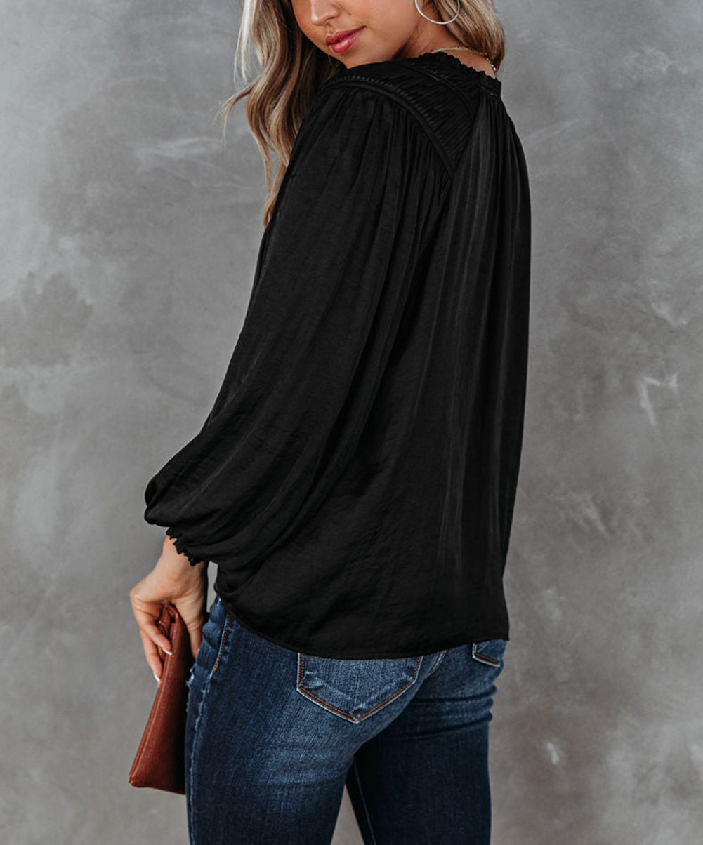 Pleated Balloon Sleeve Drawstring V-Neck Blouse