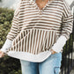 Stripe Quarter Buttons Drop Sleeve Plus Size Hoodie