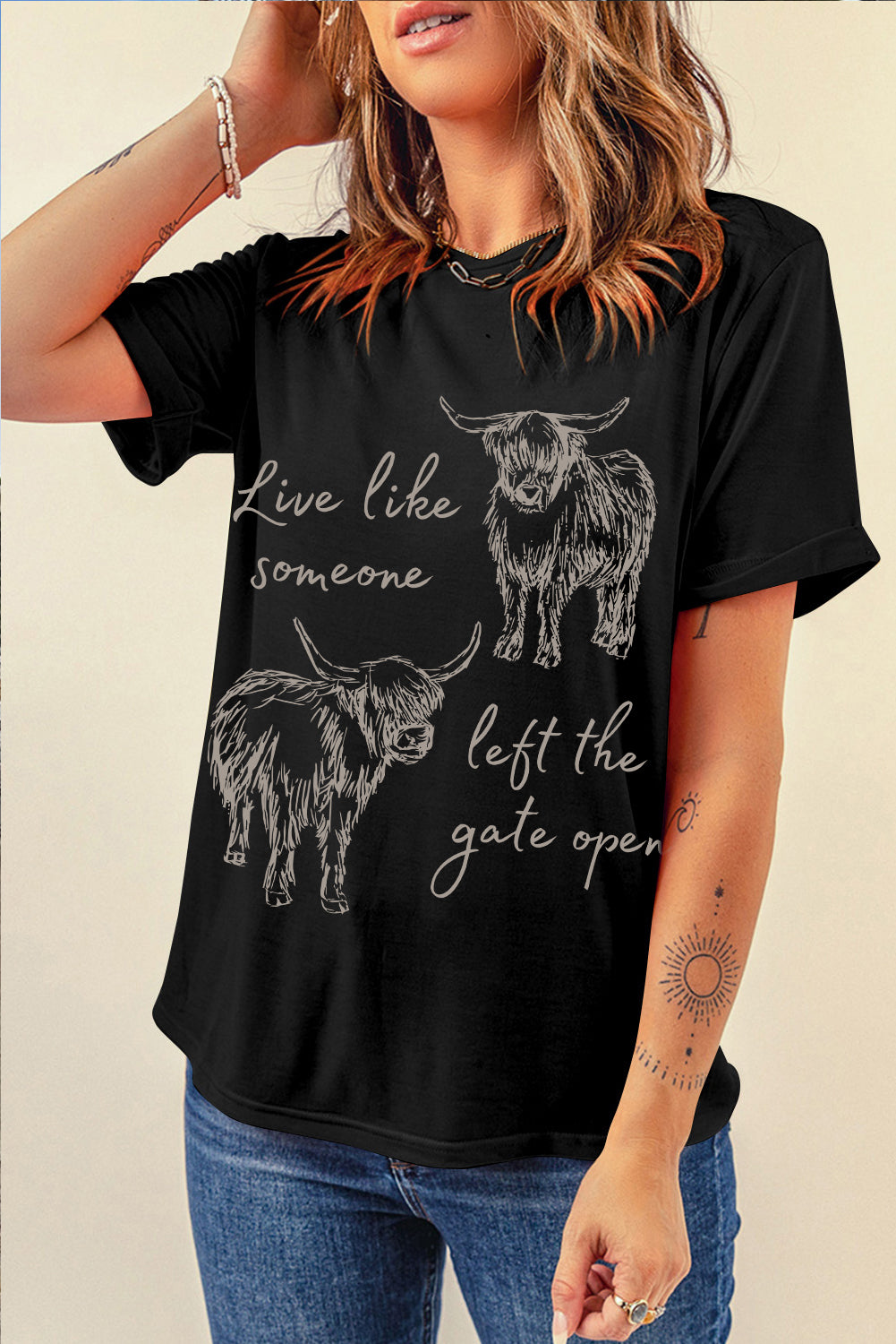 Western Cow Print Round Neck Casual Tee