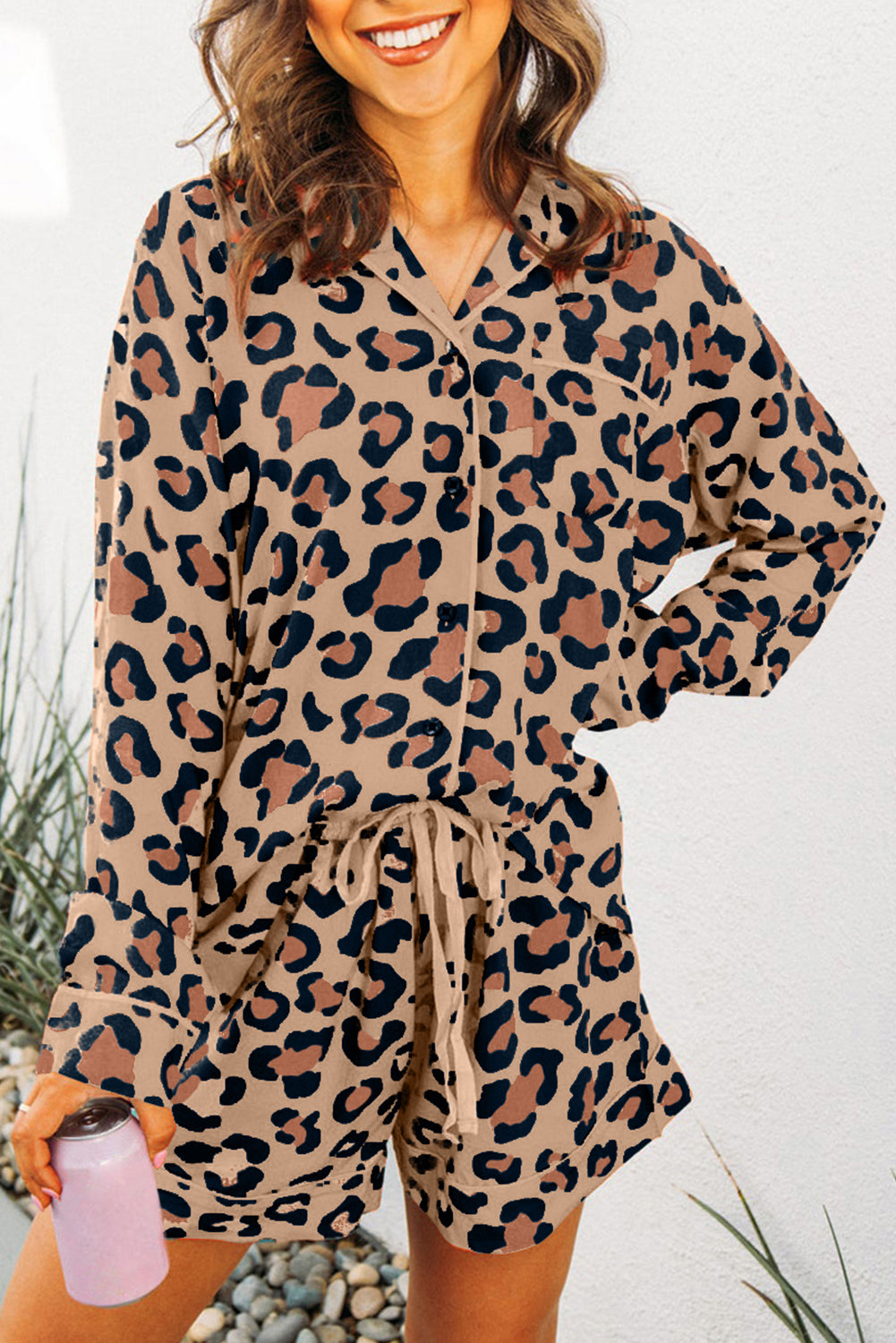 Leopard Print Long Sleeve Shirt and Shorts Pajama Set