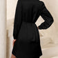 Lace Trim V Neck Tie Waist Long Sleeve Dress