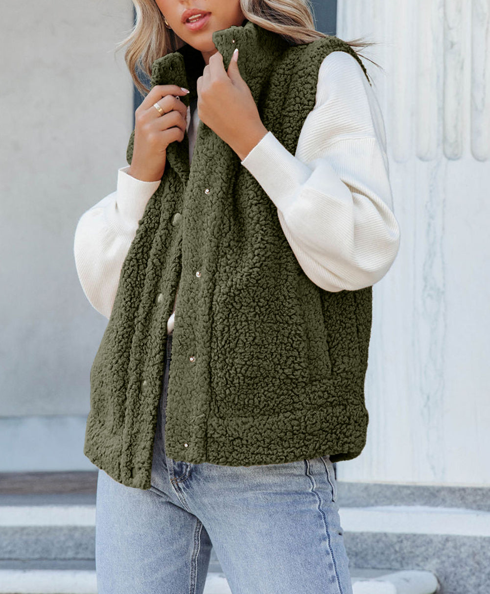 Snap Button Pocketed Sherpa Vest Jacket