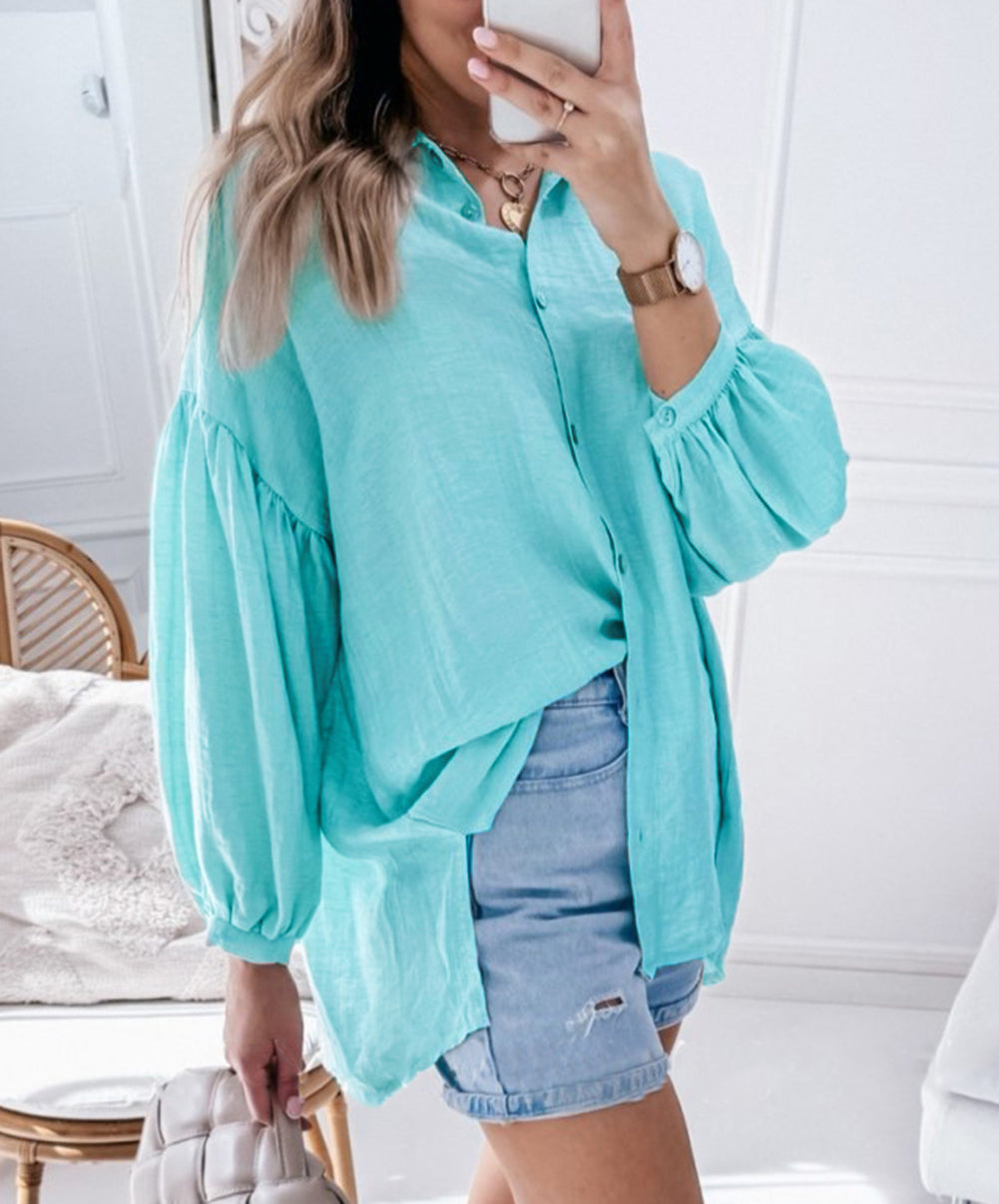 Solid Puff Sleeve Loose Fit Buttoned Shirt